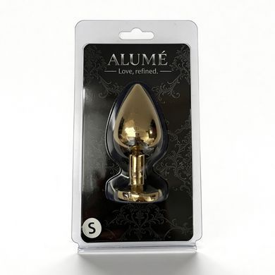 Анальная пробка ALUME, S, металлическая золотистая с разноцветным камнем в форме сердца, 7 х 2,8 см