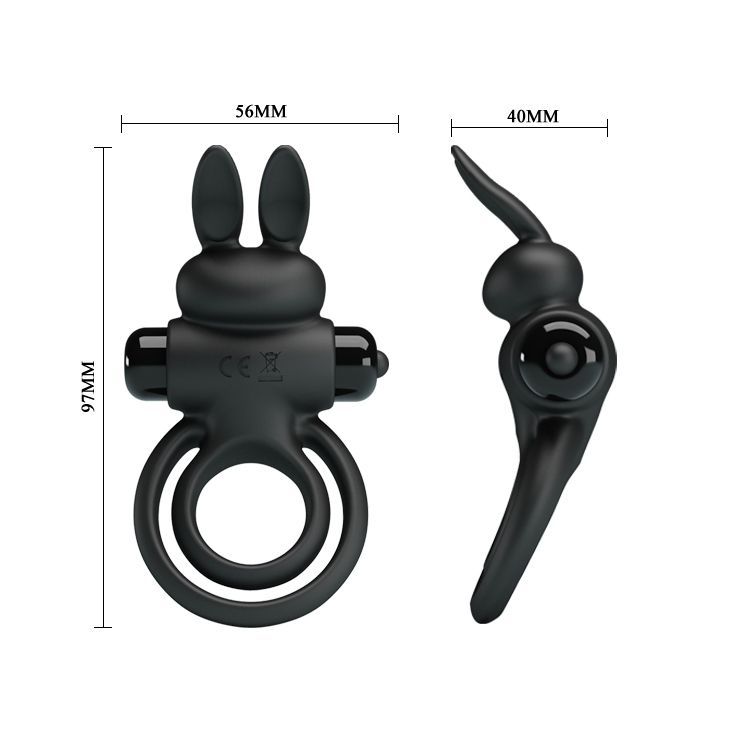 Ерекційне віброкільце з кроликом Pretty Love Bunny III подвійне, чорне, 9.7 х 4 см