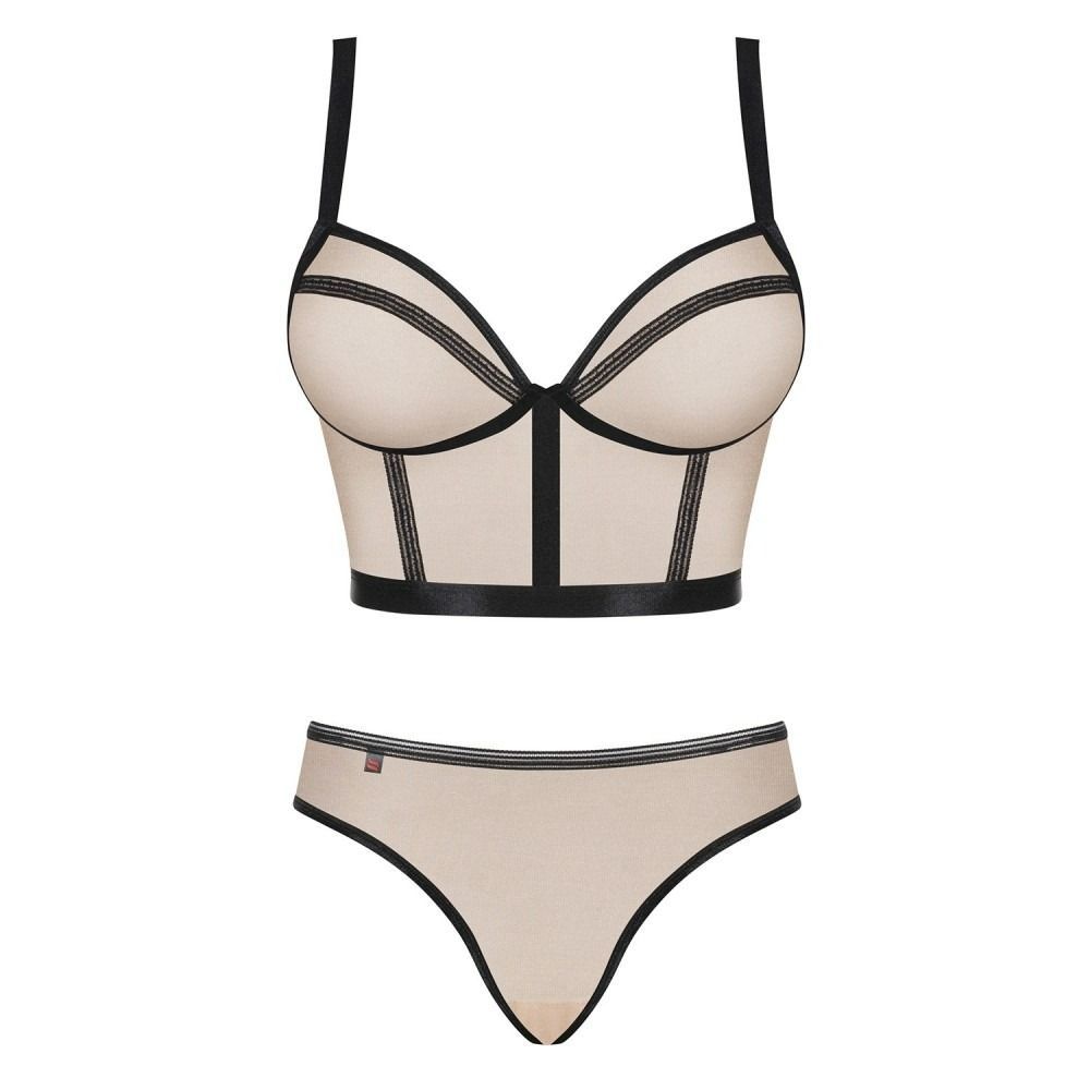 Комплект Obsessive Nudelia бюстьє з трусиками, бежевий з чорним, S/M