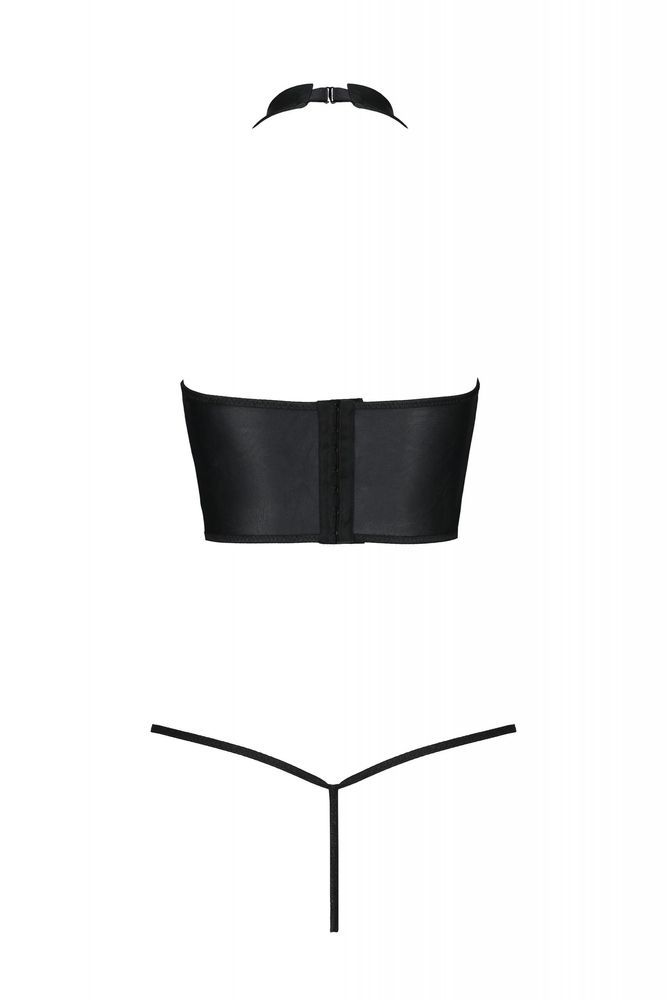 Комплект з еко-шкіри з відкритими грудьми S/M black GENEVIA SET WITH OPEN BRA- Passion