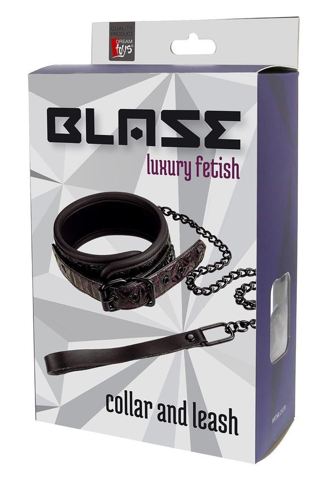Ошейник с поводком с фиолетовым тиснением Dream toys BLAZE Luxury Fetish на цепочке черного цвета