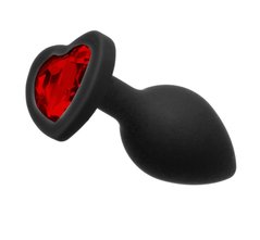 Анальная пробка с камнем Black Silicone Heart Red M