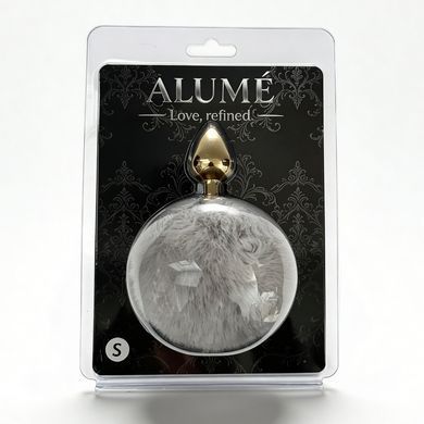 Анальна пробка ALUME, S, металева золотиста з сірим пушком, 7 х 2,8 см
