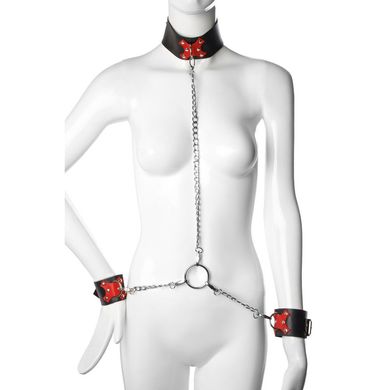 Ошейник с поводком и наручниками Fet23, с цепью, натуральная кожа, черно-красный, XS-M
