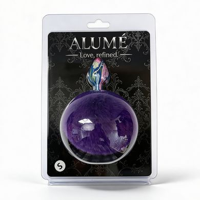 Анальная пробка с узором ALUME, S, металлическая синяя с фиолетовым пушком, 7 х 2,8 см