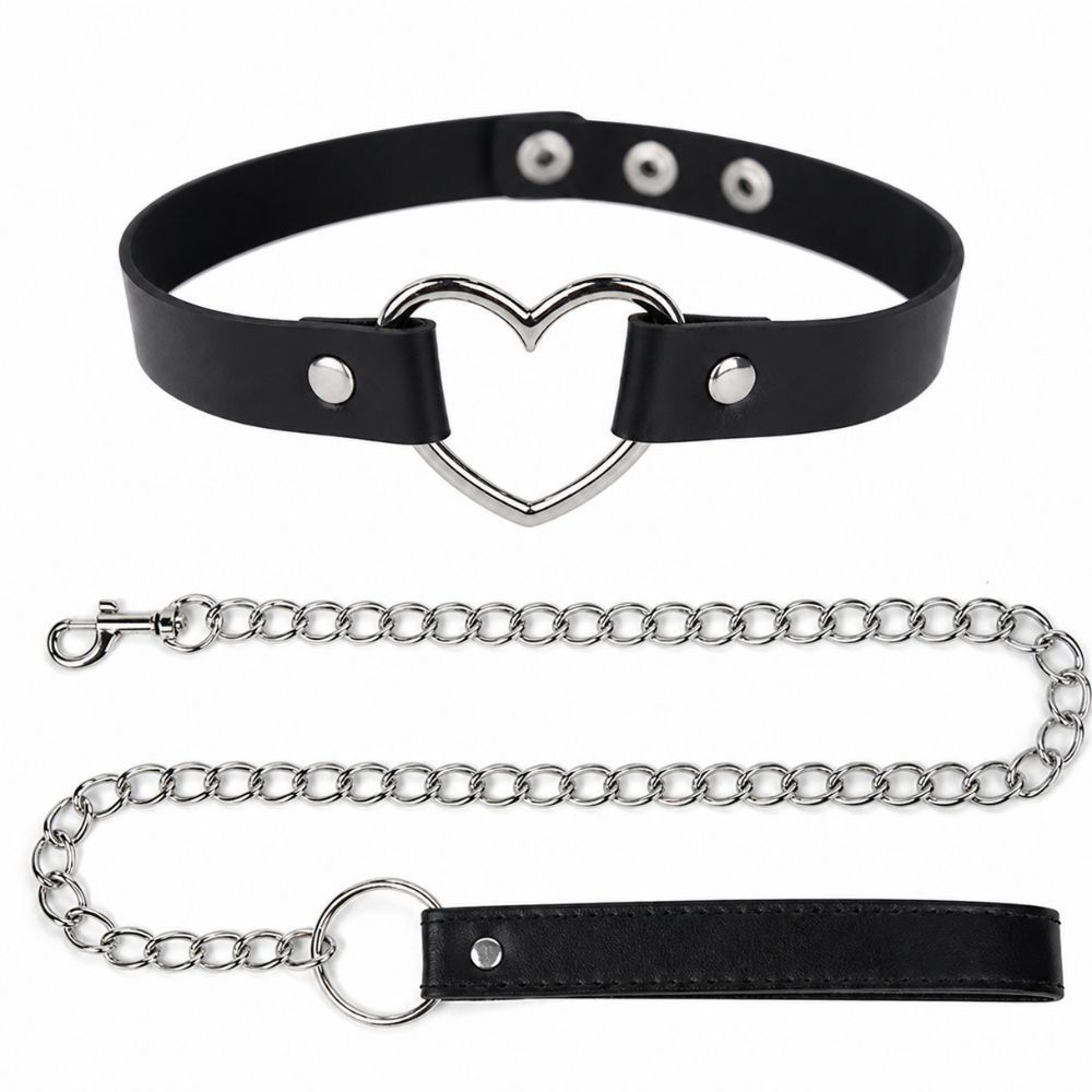 Ошейник с металлическим сердцем DS Fetish, с поводком, чёрный