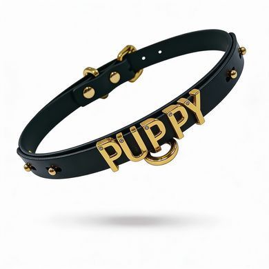 Чокер з написом PUPPY від UPKO з італійської шкіри, чорний із золотою фурнітурою
