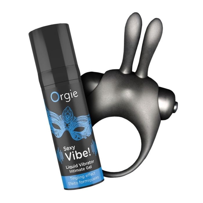 Набор Orgie VIBE! BUNNY эрекционное черное виброкольцо и жидкий вибратор 15 мл