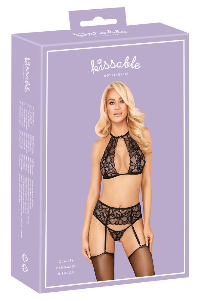Комплект белья из нежного цветочного кружева Kissable Bra Set Lace черный, S/M