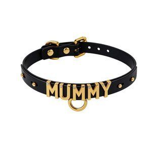 Чокер с надписью MOMMY от UPKO из итальянской кожи, чёрный с золотой фурнитурой