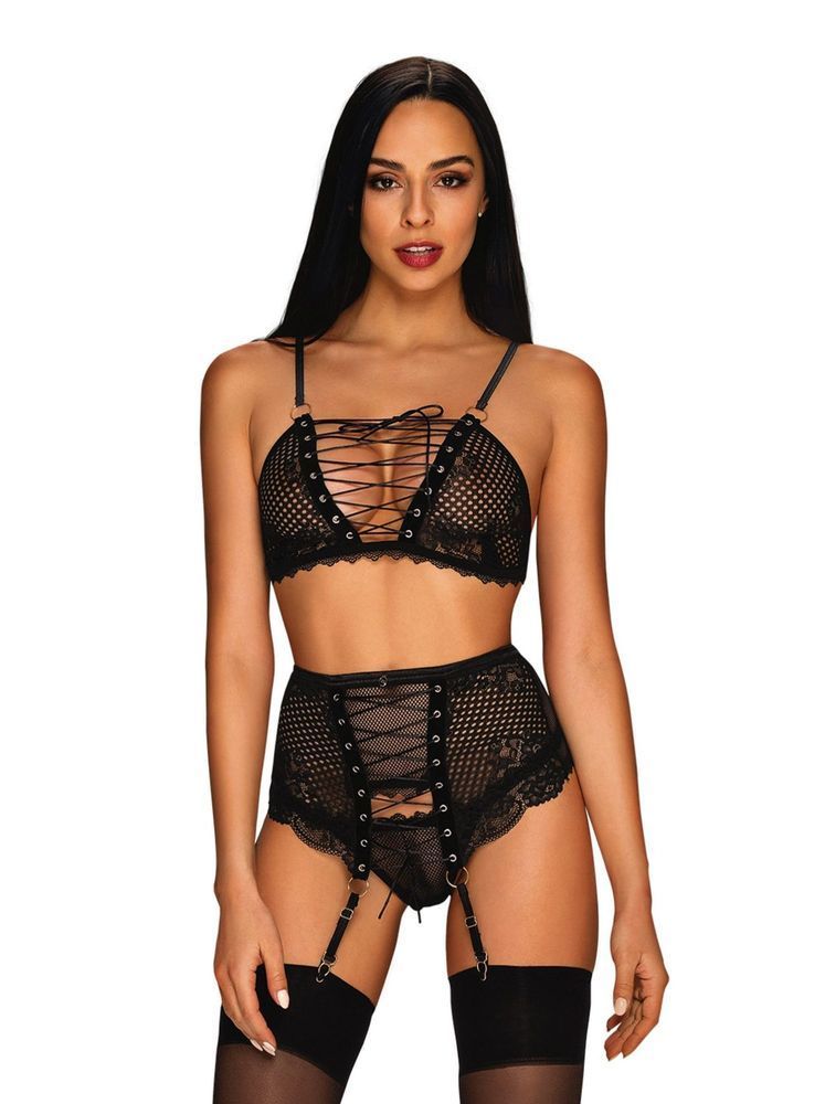 Комплект зі шнурівкою та поясом для панчох Obsessive Basitta, чорний, L/XL
