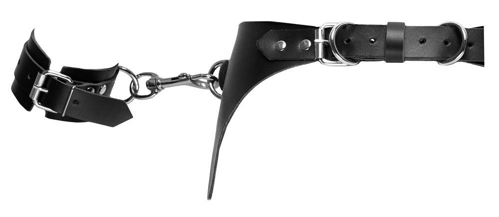 Пояс кожаный с гартерами ZADO FETISH и фиксаторами-наручниками, черный, S/M