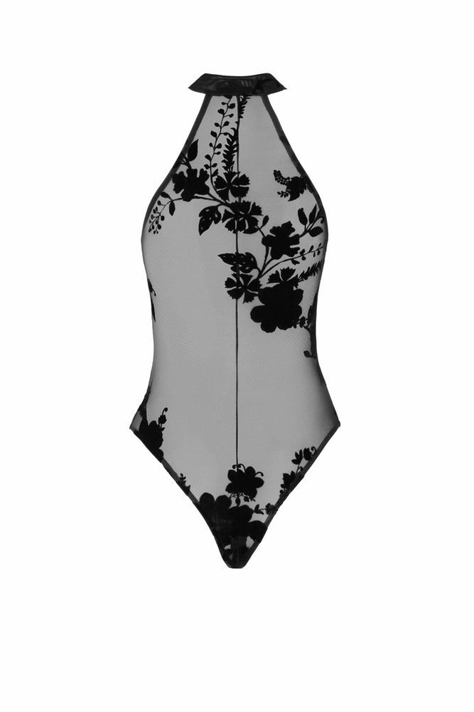 Боди полупрозрачное, F314 Ego Noir Handmade, с молнией, с цветочным узором, черное, размер M