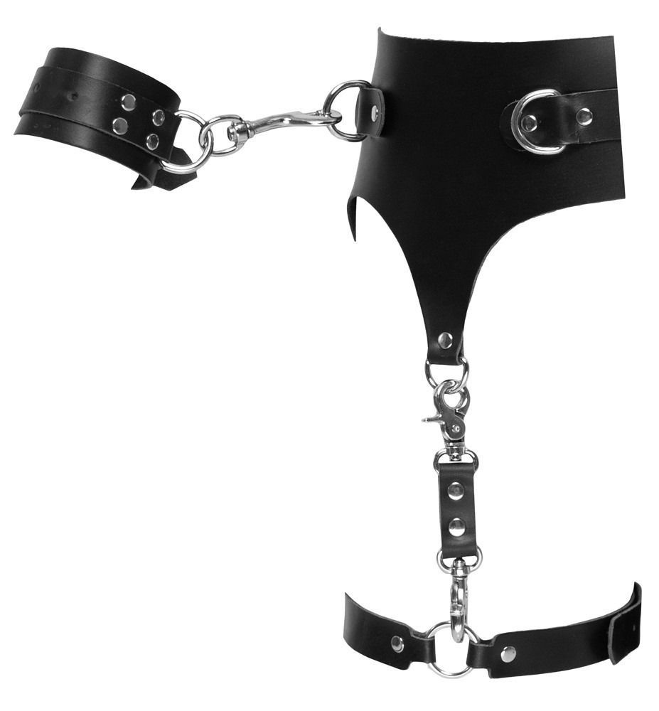 Пояс кожаный с гартерами ZADO FETISH и фиксаторами-наручниками, черный, S/M