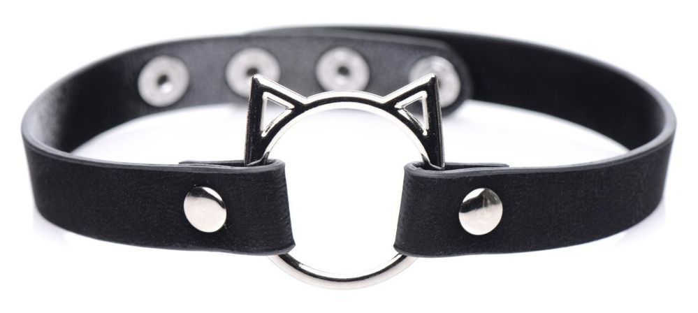 Ошейник-чокер с кольцом в виде котика Kinky Kitty Master Series, экокожа, черный