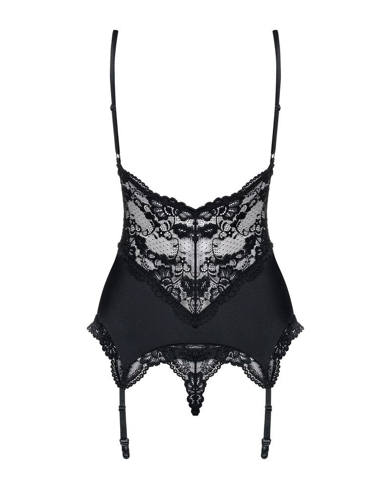 Корсет Obsessive 810-COR-1 з мереживом та пажами для панчох, чорний, S/M