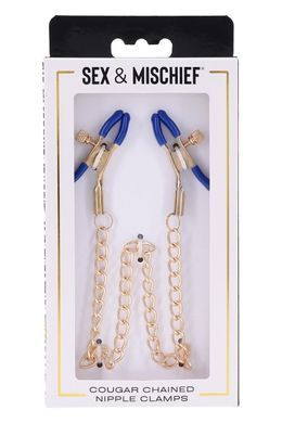 Золотистые зажимы для сосков Sex & Mischief Cougar Chained с синими наконечниками