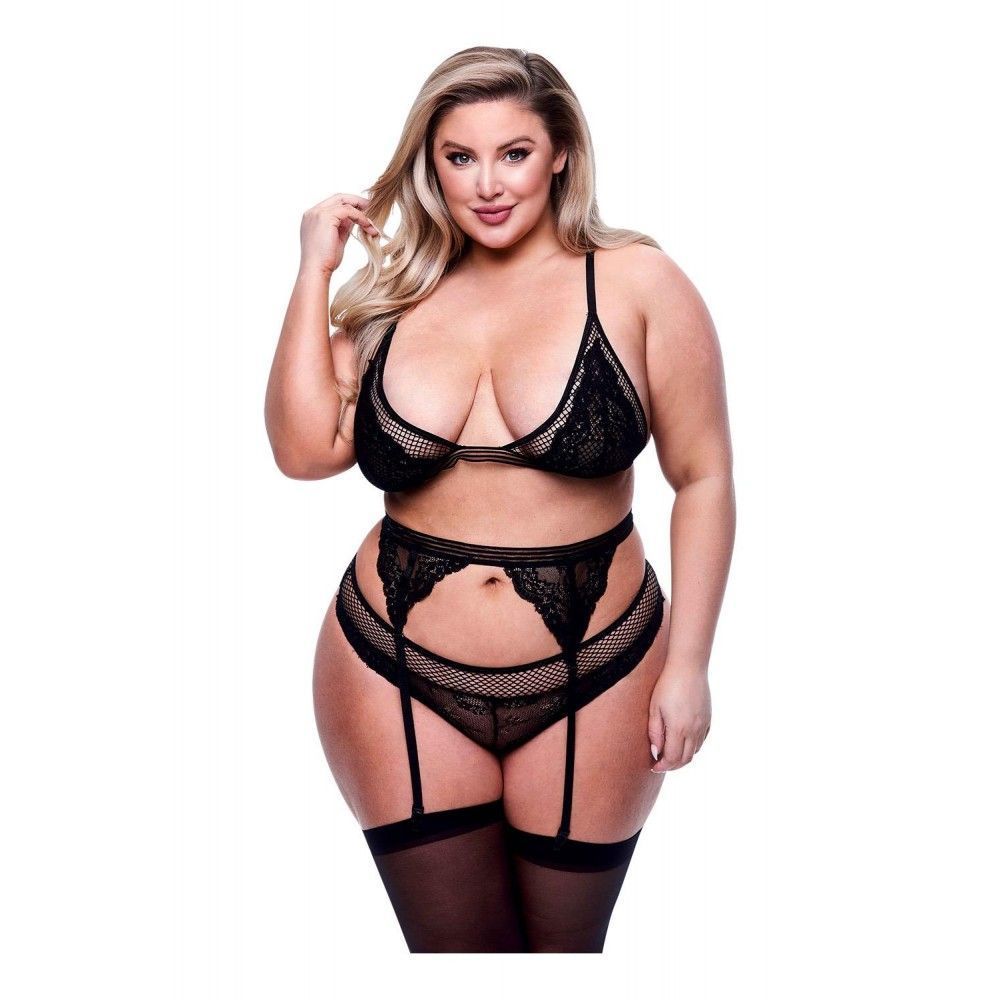 Комплект білизни та пояс для панчіх 3PC LACE & MESH BRA, GARTER & PANTY SET BLACK, QUEEN