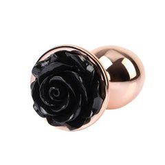 Анальная пробка со стоппером в форме черной розы S Evil Rose Chisa, металлическая, золотая