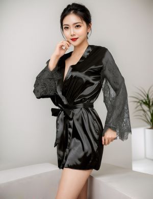 Халат чорний під пояс та довгими мереживними рукавами Star Night стрінги в комплекті, XS/S