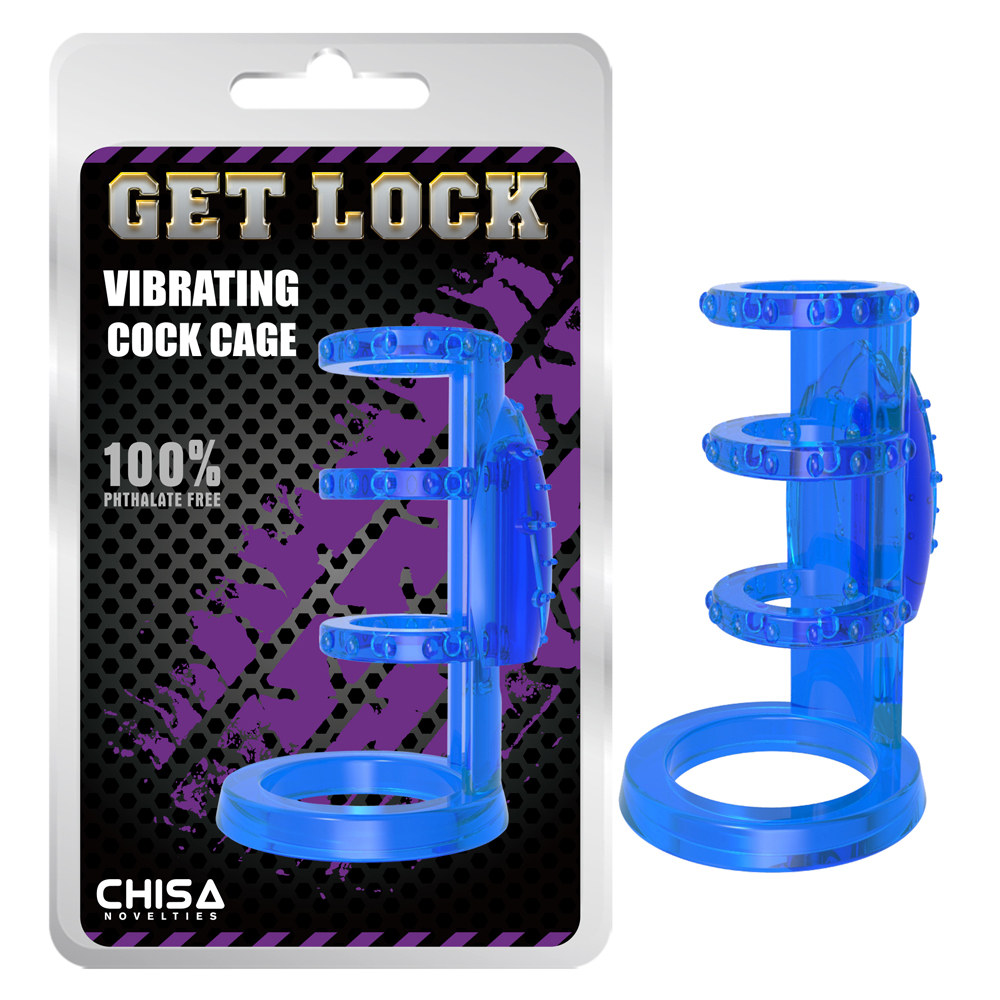 Насадка з вібрацією Chisa Get Lock Vibrating Cock Cage та ерекційними кільцями, синя