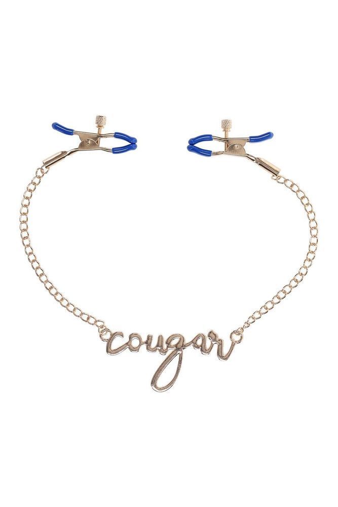 Затискачі для сосків Sex & Mischief на золотому ланцюжку зі словом &laquo;Cougar&raquo;