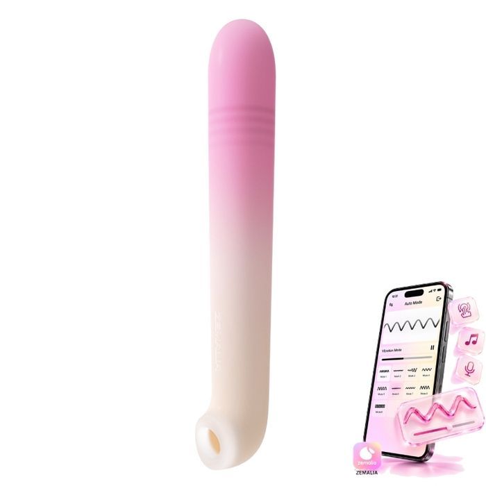Двойной вибратор Zemalia Arousal с фрикцией и вакуумным стимулятором + APP, градиент розовый