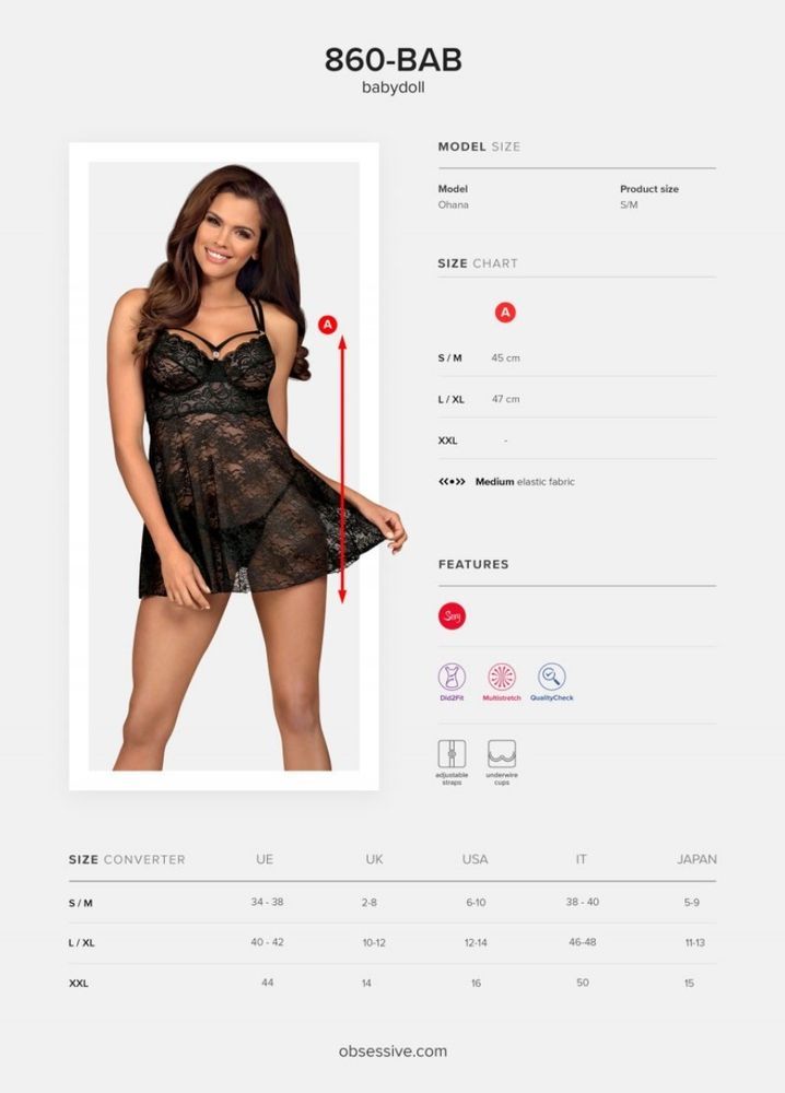 Комплект кружевной Obsessive 860-BAB-1 пеньюар и трусики стринги, черный, S/M