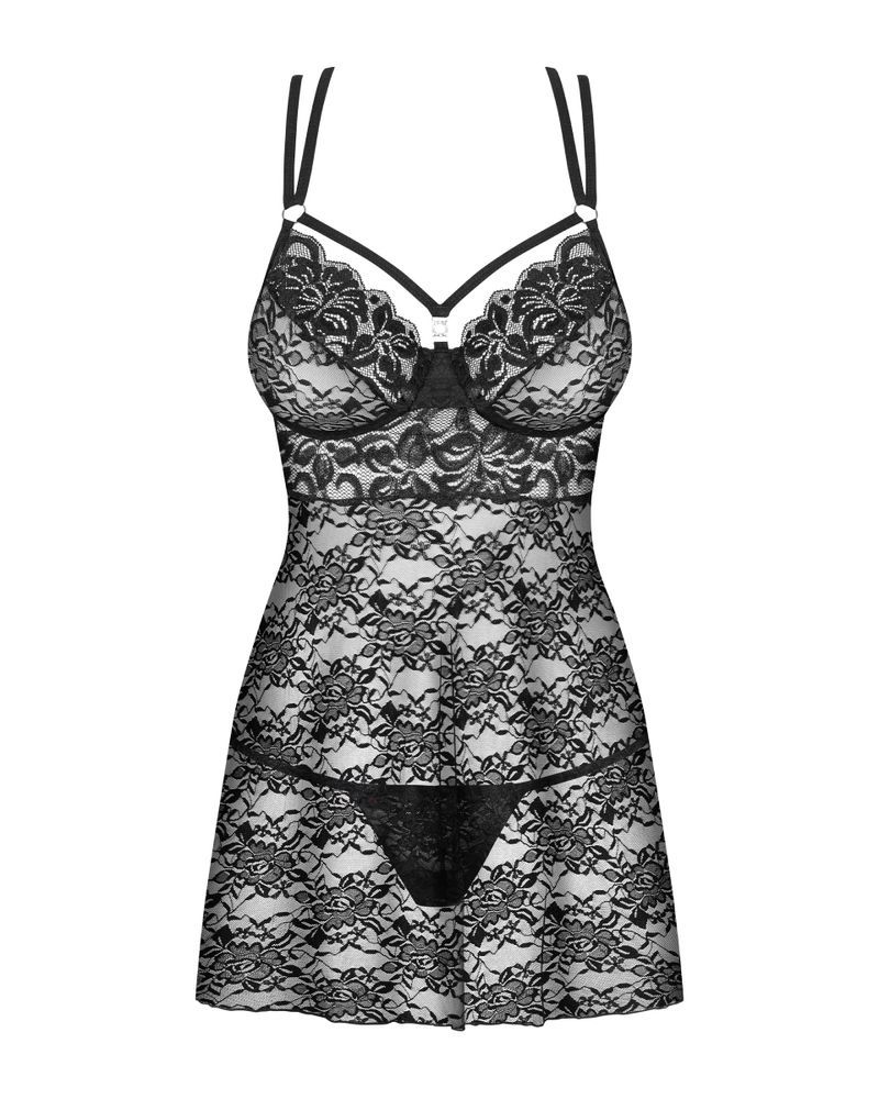 Комплект кружевной Obsessive 860-BAB-1 пеньюар и трусики стринги, черный, S/M
