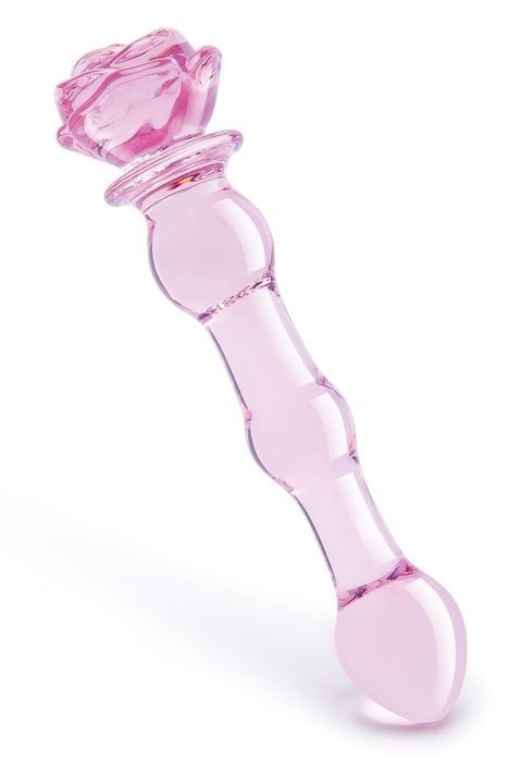 Скляний фалоімітатор Dream Toys Glaze Glass у формі бутона троянди з намистинами, рожевий