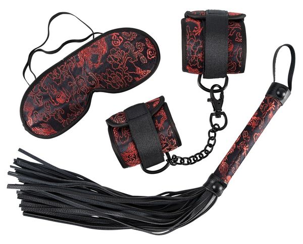 Бондажный набор из 3 предметов с кнутом и наручниками, черного цвета, Bad Kitty
