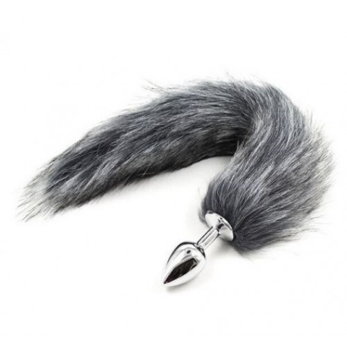 Анальна пробка S лисий хвіст DS Fetish Anal plug S faux fur fox tail light grey polyeste