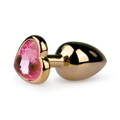 Анальная пробка Easytoys с розовым кристаллом в форме сердца, золотая, 7.4х2.6 см.