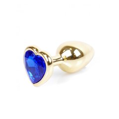 Анальная металлическая золотая пробка с камнем в форме сердца Синий S Jewellery