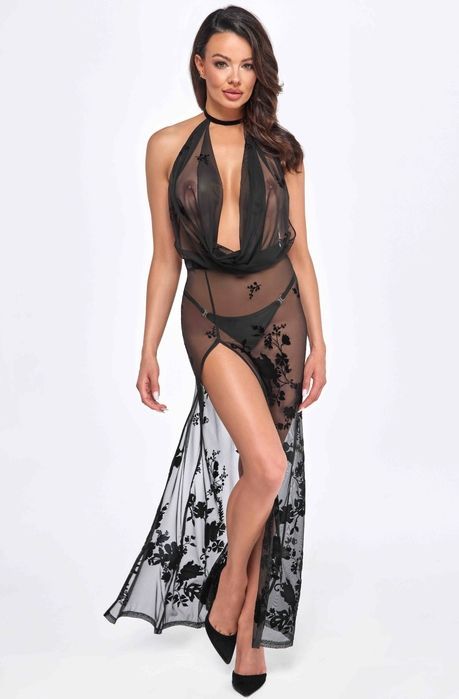 Платье длинное Divinity F312 Noir Handmade, с глубоким декольте, черное, размер M
