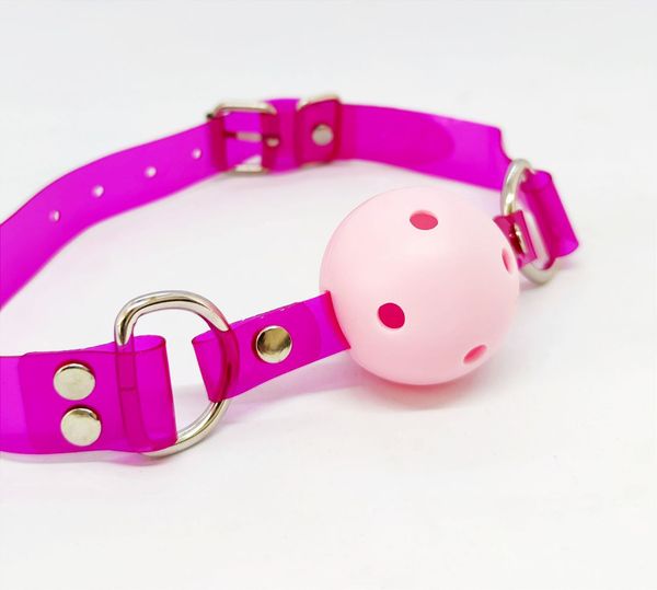 Кляп неоновый DS Fetish, малиновый ремешок с розовым шариком
