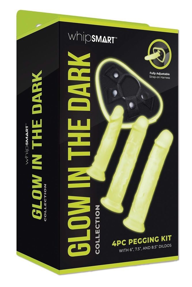 Страпон люминесцентный Whipsmart Glow in the Dark с 3 насадками, черный-белый