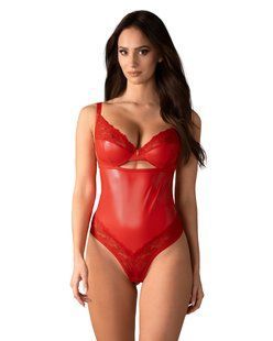 Боді вінілове з квітковим мереживом Obsessive Aliosa teddy червоне, S/M