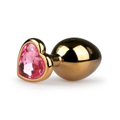 Анальная пробка Easytoys с розовым кристаллом в форме сердца, золотая, 8.3х3.2 см