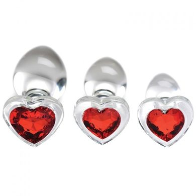 Набор анальных пробок с красным стоппером-камнем в форме сердца, прозрачный