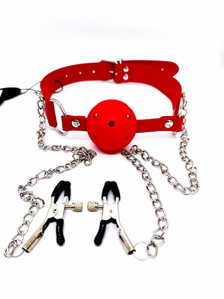 Кляп DS Fetish Ball gag with nipple clamps red