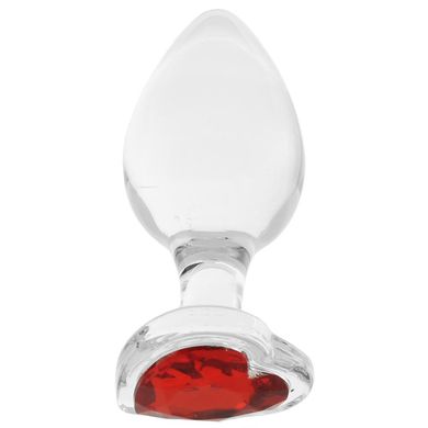 Анальна пробка з червоним каменем XR Brands у формі серця, скляна, прозора