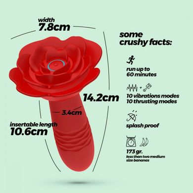 Анальная пробка роза с вибрацией и фрикциями Romeo Crushious, с пультом, силиконовая, красная