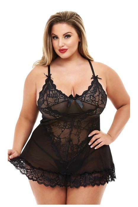 Пеньюар мереживний, напівпрозорий, чорний, XL BACI Mini Lace Chemise