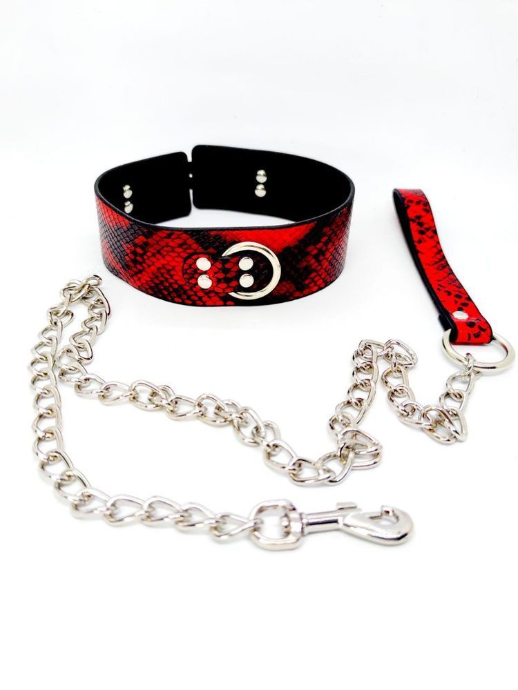 Ошейник с поводком DS Fetish snake skin под кожу змеи красный