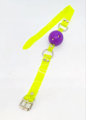 Кляп неоновий DS Fetish, салатовий ремінець з фіолетовою кулькою