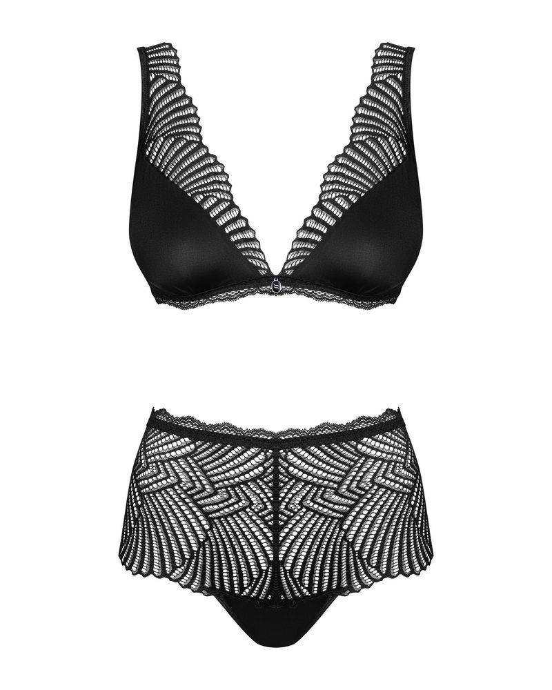 Комплект мереживний Obsessive Klarita ліф і трусики з високою посадкою, чорний, L/XL