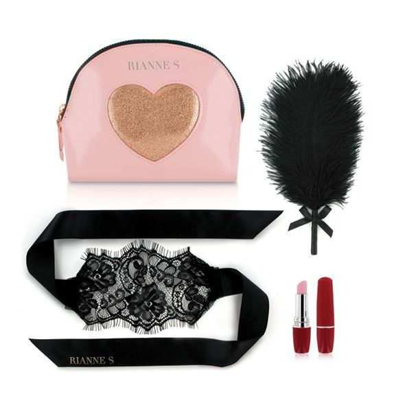 Набір у сумочці вібратор-помадка, пір'їнка та маска Rianne S Essentials Kit d'Amour Roze/Goud