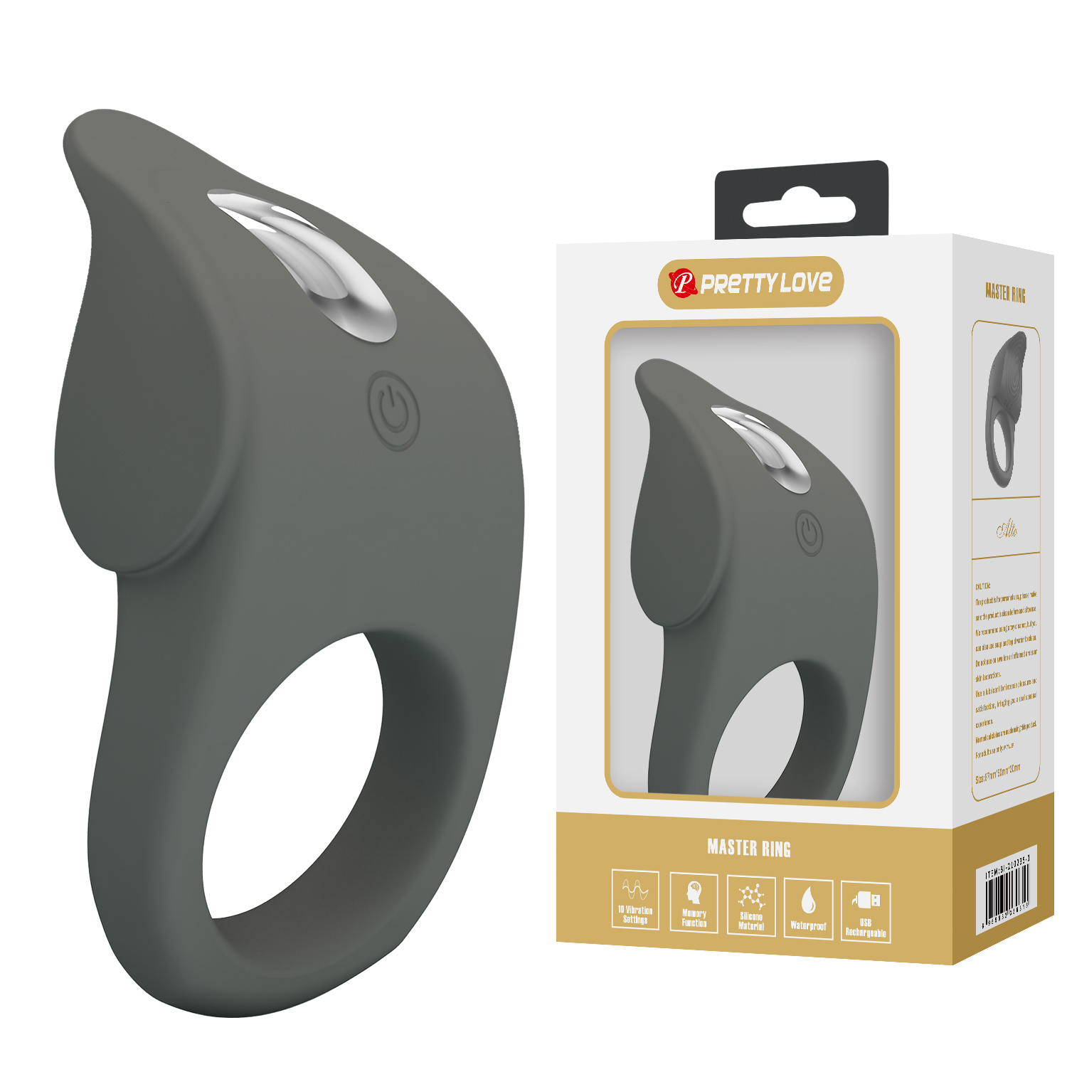 Ерекційне віброкільце PRETTY LOVE Master Ring силіконове, сіре, 8.7 х 5 см