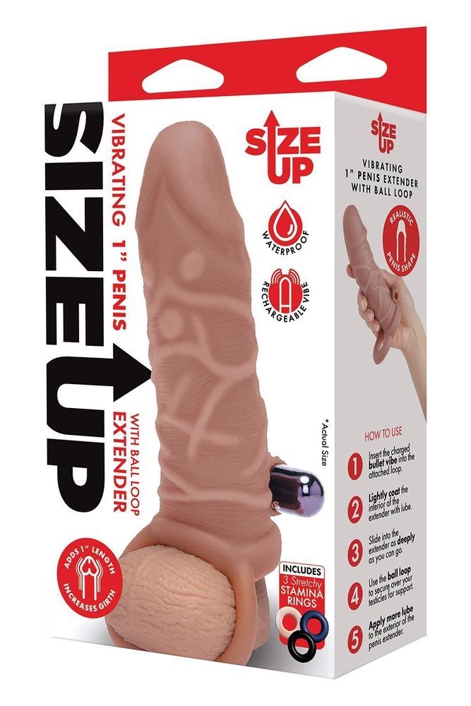 Насадка на пенис с вибропулей и 3 кольцами Size-Up реалистичная, 15 см